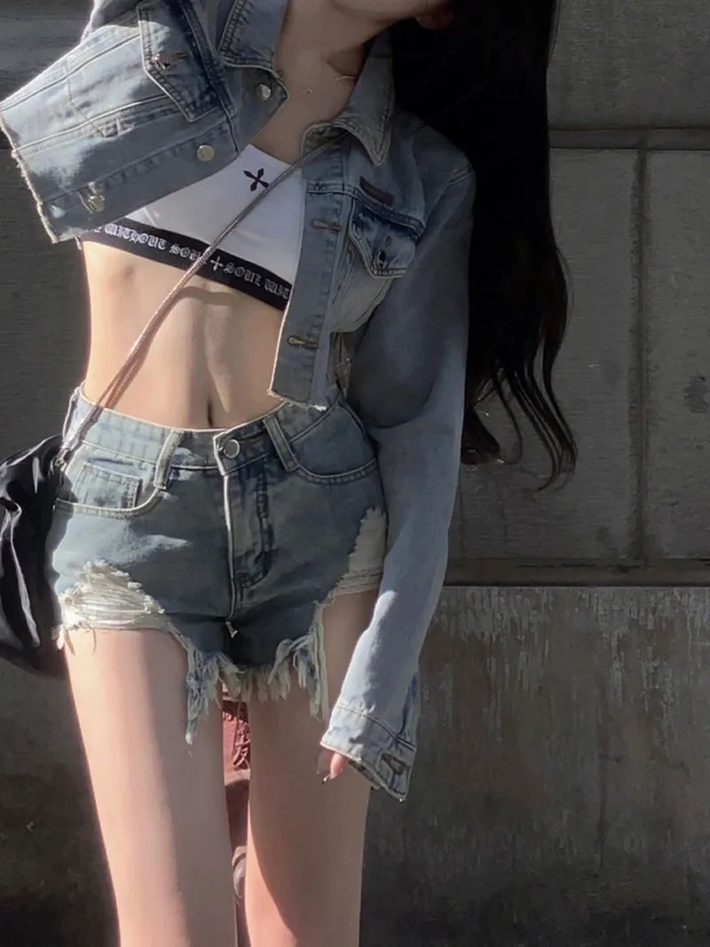 

American Style Sexy Short Jeans Low Waist A-Line Shorts Women Summer New Slimming Frayed Denim Blue Jeans Skirt