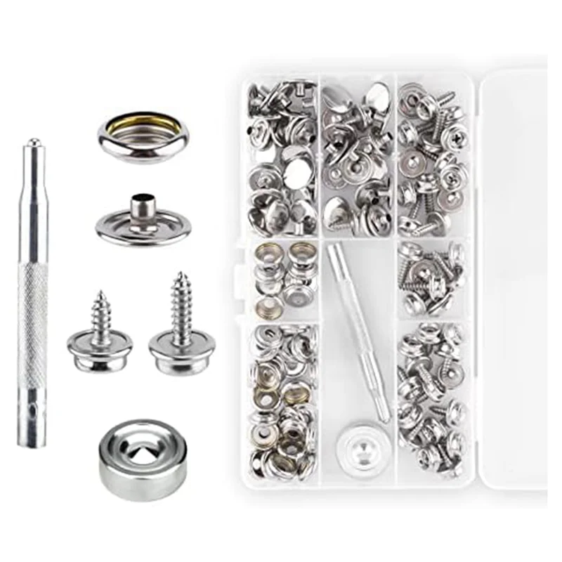 -FDDT 120Pcs Snap Fasteners Marine Canvas Snaps Set With 2Pcs Setting Tool Stainless Steel Snap Buttons Snaps With Screws
