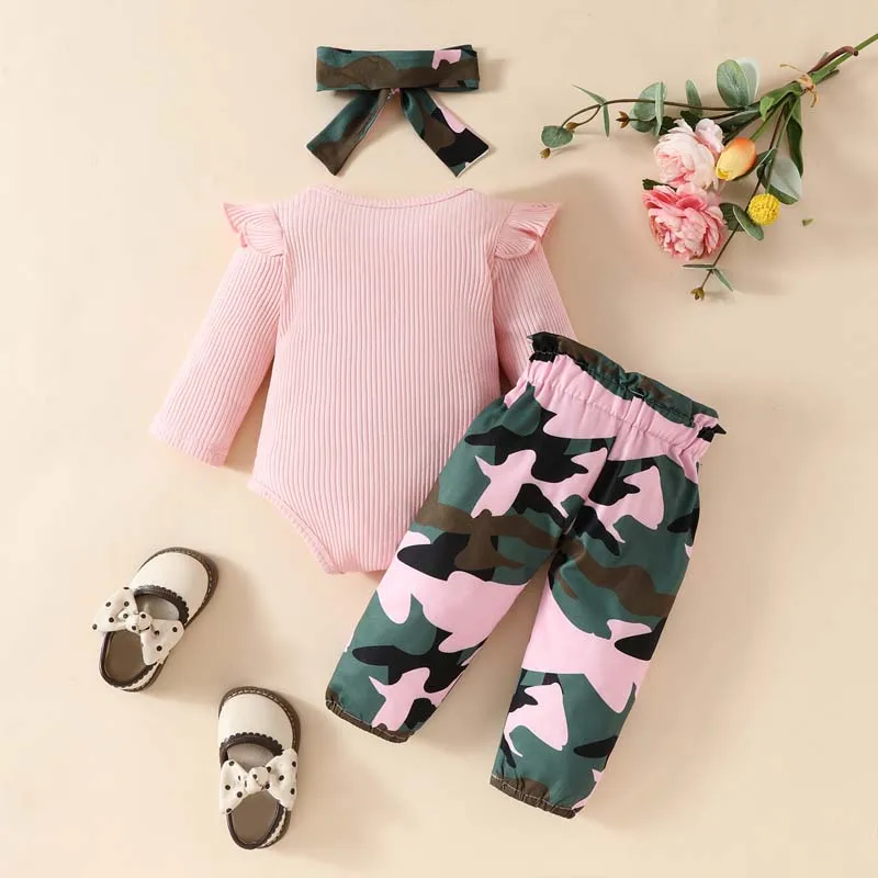 Autumn Newborn Baby Girl Clothes 3 Pcs Set Pink Long Sleeve Jumpsuit Camouflage Trousers Hairband Outfits 0-18 Months