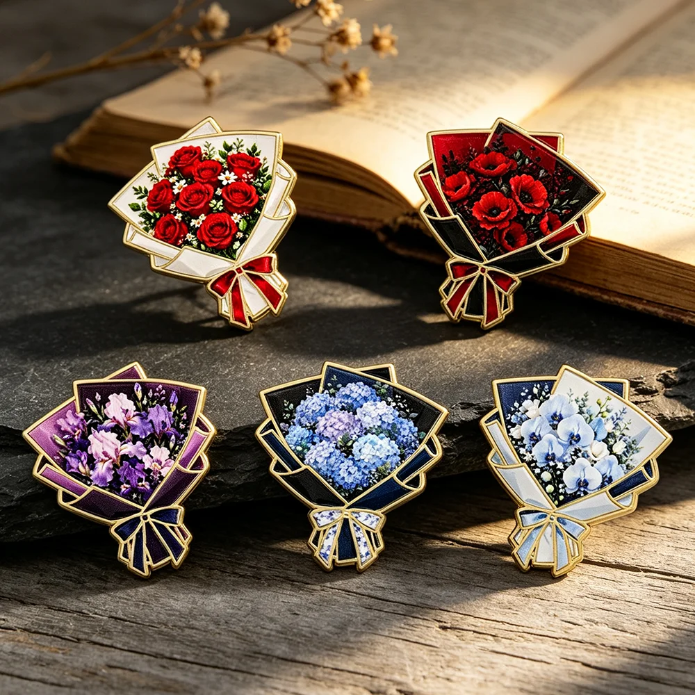 5Pcs Flower Bouquet Enamel Lapel Pin, Backpack Badge, Wedding Brooch Women Floral Accessory