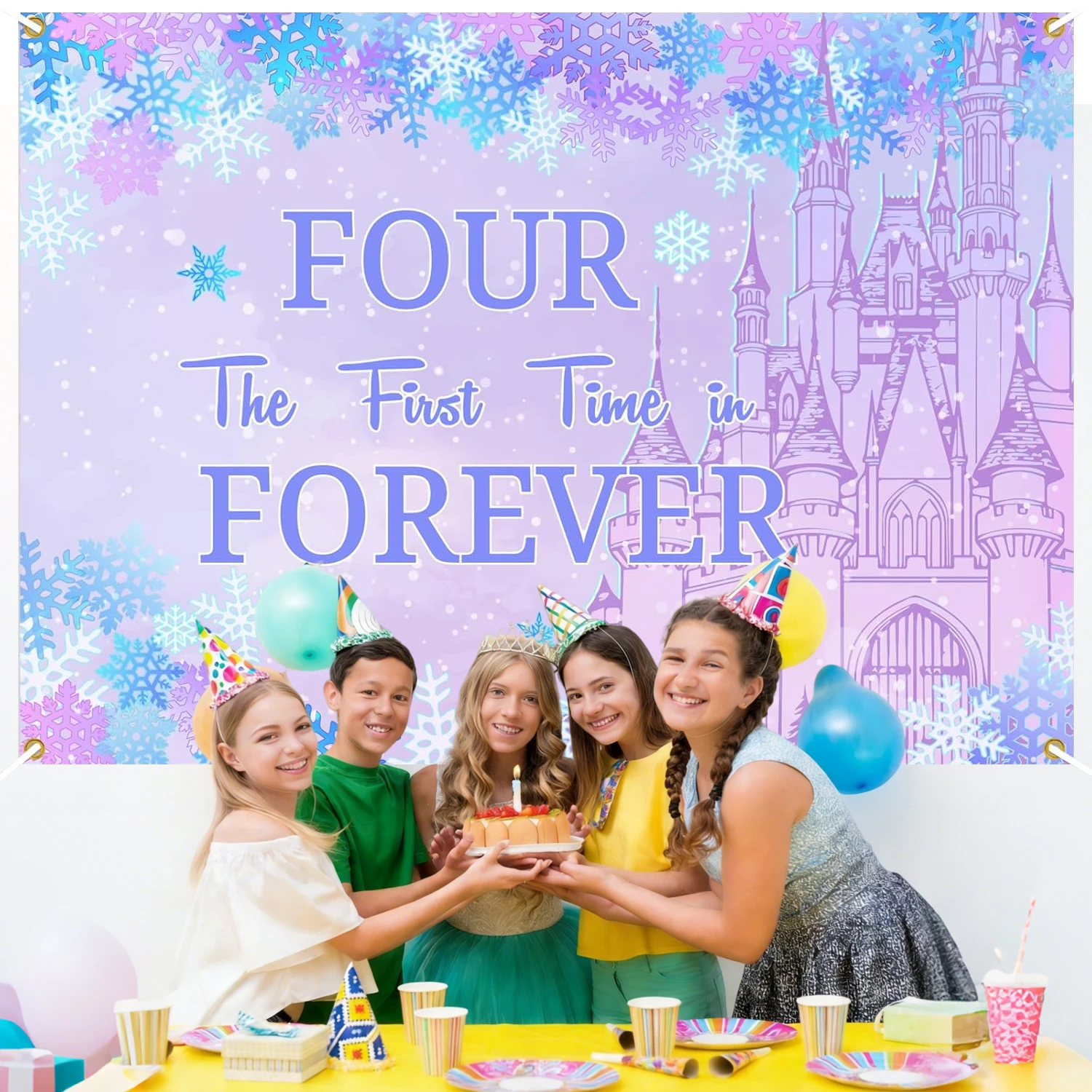 Four The First Time in Forever Birthday Decorations Winter Princess 4th Birthday Backdrop Frozen Birthday Decorations Princess view 6