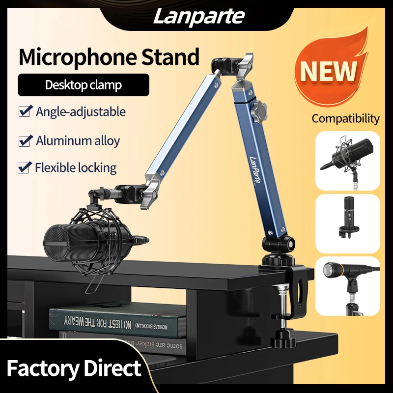 LanParte Microphone Stand Desktop Clamp Boom Arm Aluminum Alloy Adjustable Mic Holder for Podcast Recording Streaming