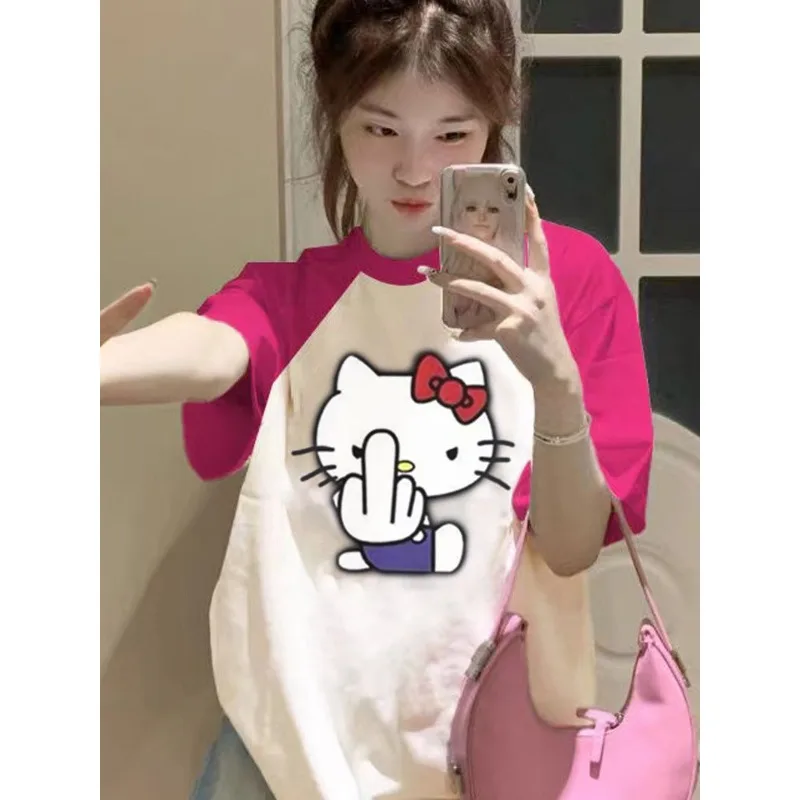 

HelloKitty Oversized T-Shirt Sweet Printing Personality Short Sleeve Color-Blocked Cotton Tops for Women Quirky Two-Tone Summer