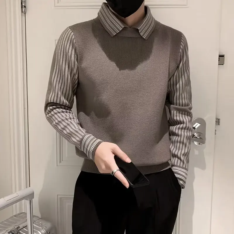 

Men's Knitted irt Collar Jaet Fake Two-Piece Sle Autumn Winter Faion Casual Warm Soft Polyester Long Sve Knitwear