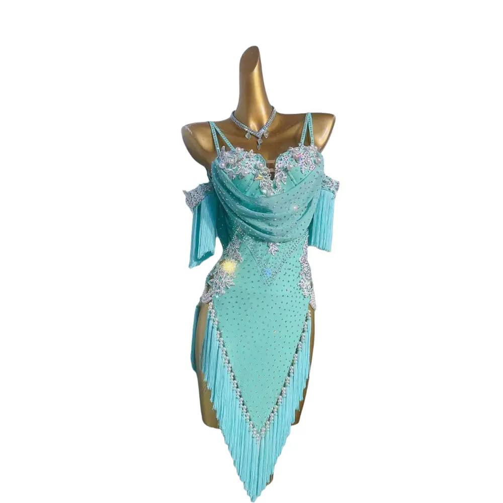 Costume da ballo latino con strass Abbigliamento da donna Gonna con nappe con cuciture di perle personalizzate di fascia alta con abito da spettacolo Samba