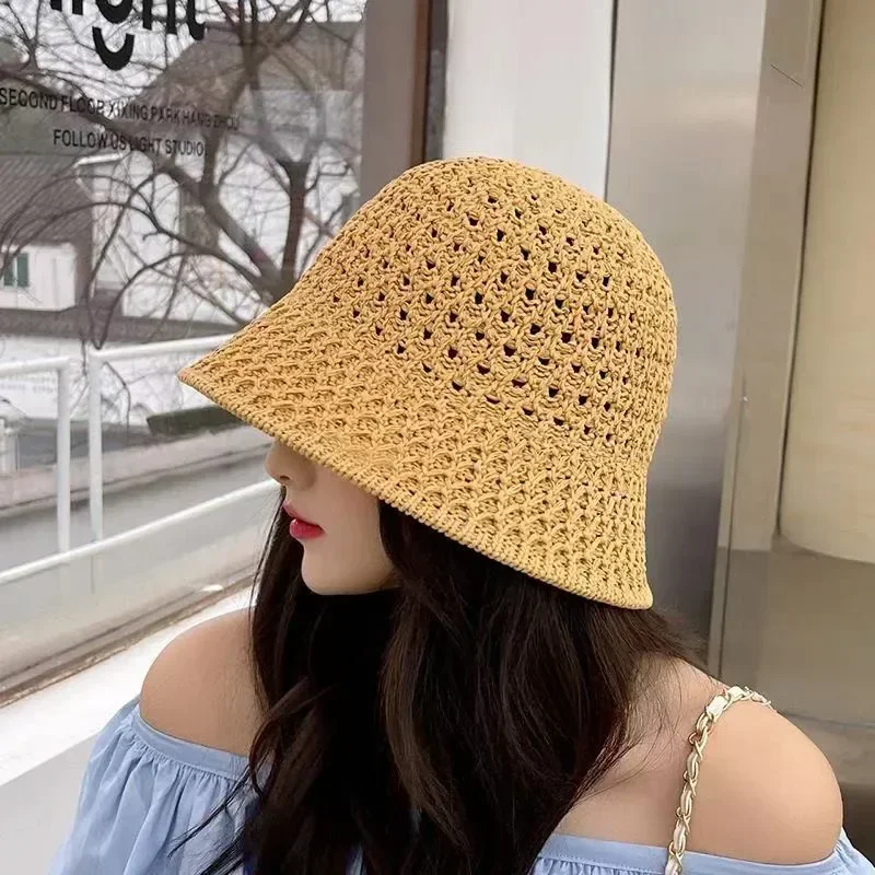 Ladies Korean Fashion Knitted Pot Hat Summer Thin Section Sunshade Sunscreen Bucket Mesh Breathable Fisherman Hat