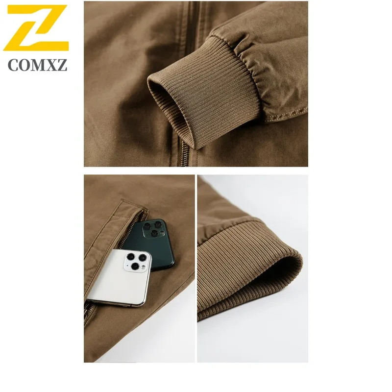 COMXZ Spring Autumn Lapel Washed Jacket American style Men Outdoor Multi Pocket Workwear Top Loose Fit Big Size Casual Coat 2025