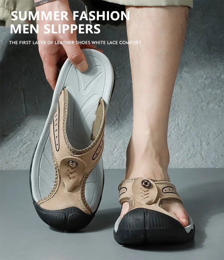 Sommerliche, atmungsaktive Herren-Sandalen aus weichem Echtleder, bequeme Herren-Hausschuhe, flache Herren-Flip-Flops, Outdoor-Römersandalen für den Strand – Detail 2
