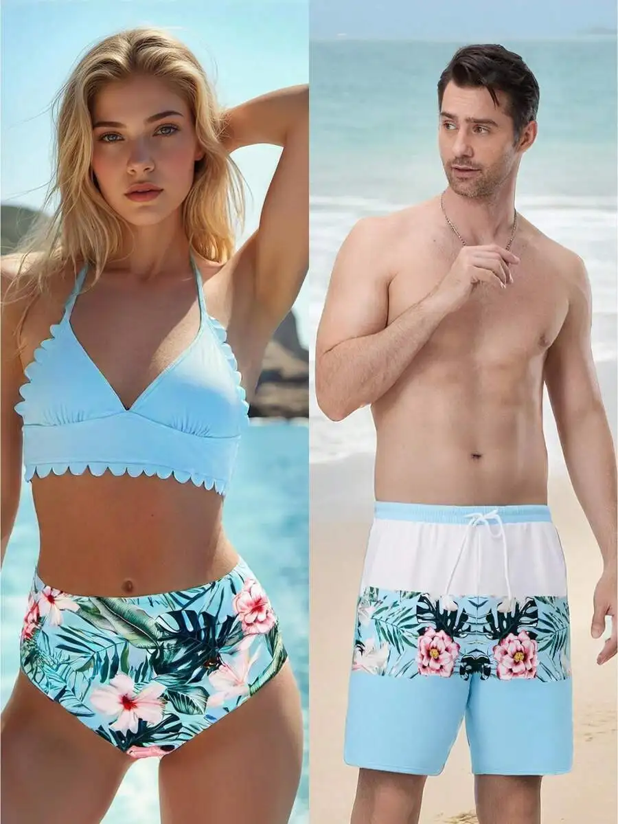Matching Floral Print Couples Two Piece Swimsuits