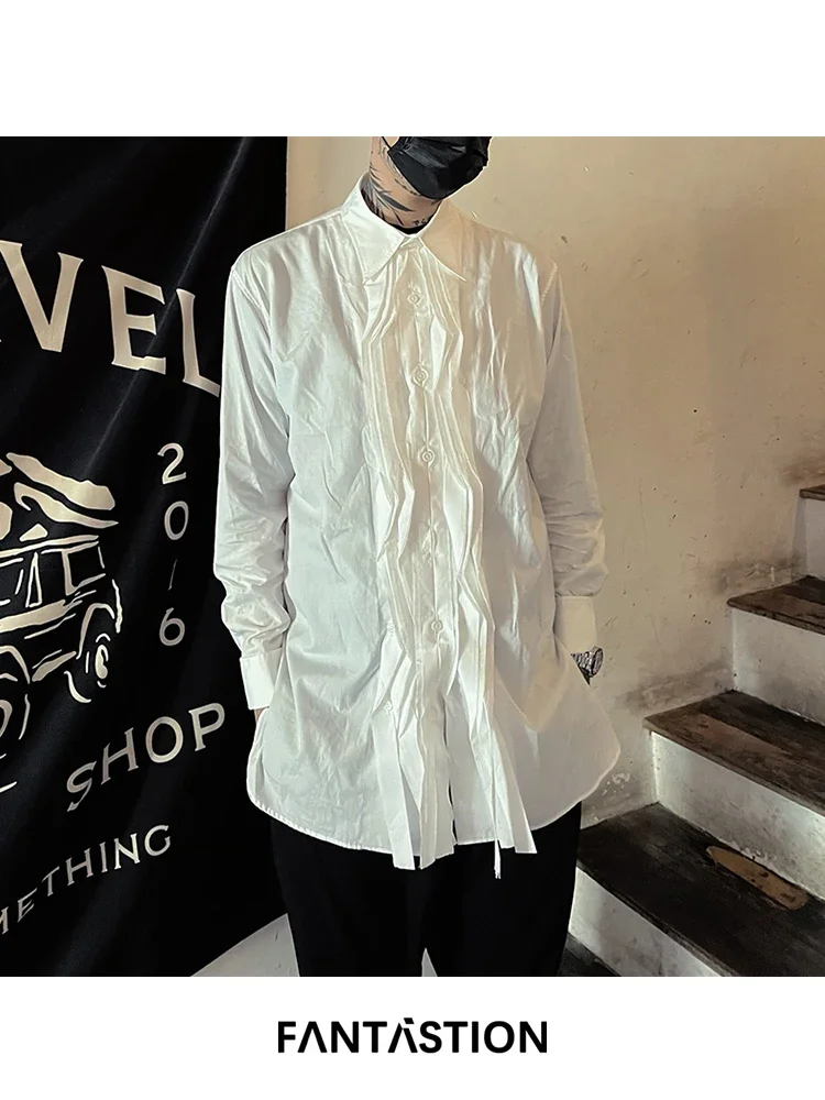 FANTASTION Vintage-Inspired Tuxedo Shirt with Pleated Ribbon Detailing Long Sleeve Loose-Fit Oversized Blouse for Chic Casual