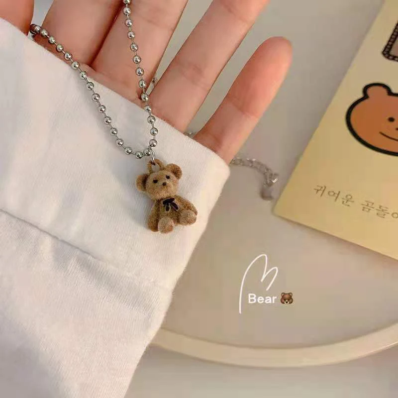 Sweet Cute Plush Bear Pendant Necklace For Girls Women Korean Style Fashion Bear Long Sweater Neck Chain Collar Jewelry