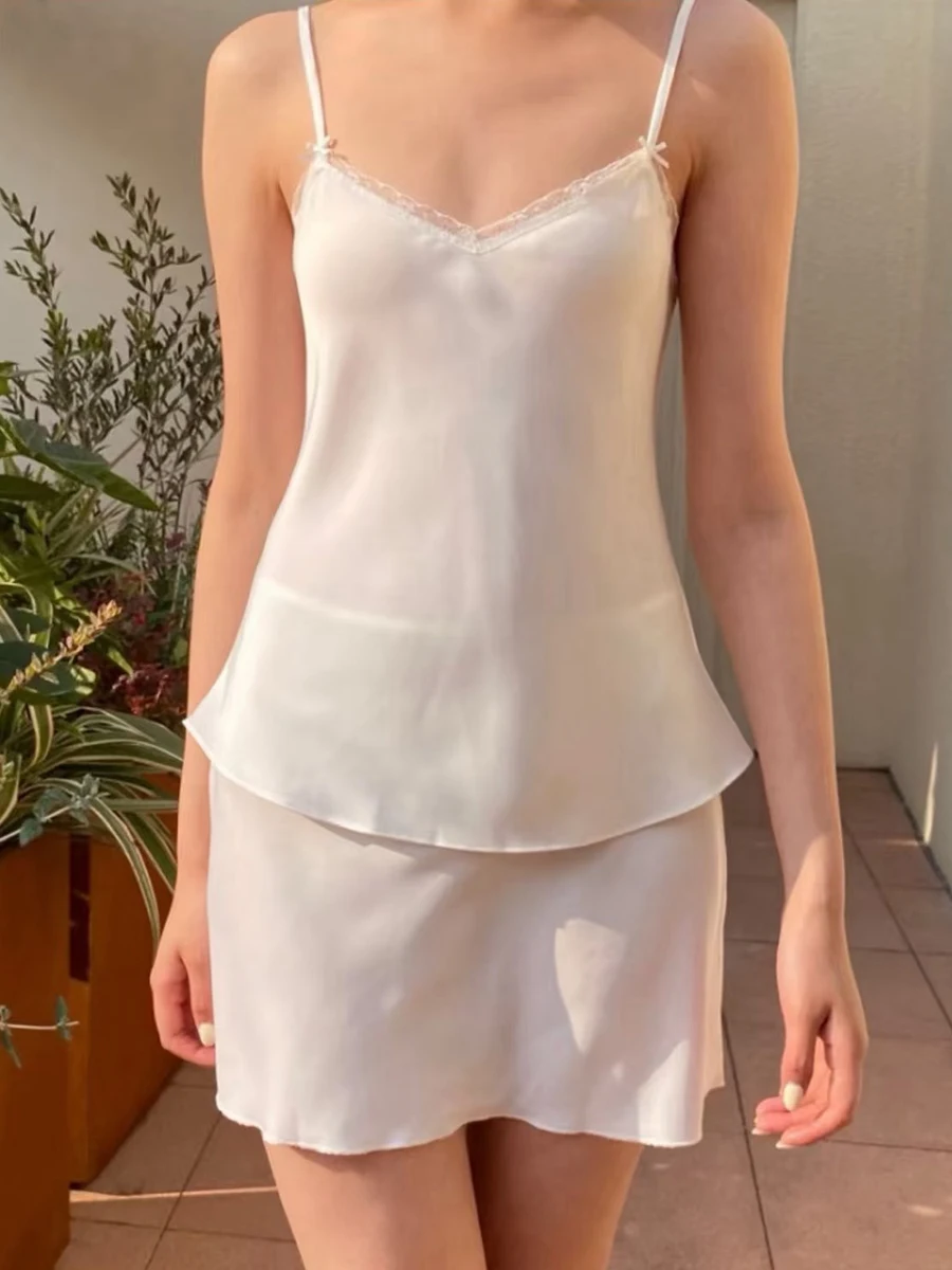

White Satin Vest Skirts 2 Pieces Set Summer Chic Lace Trim Bow V-neck Camisole With A-line Skirt Sweet Elegant Woman's Sets