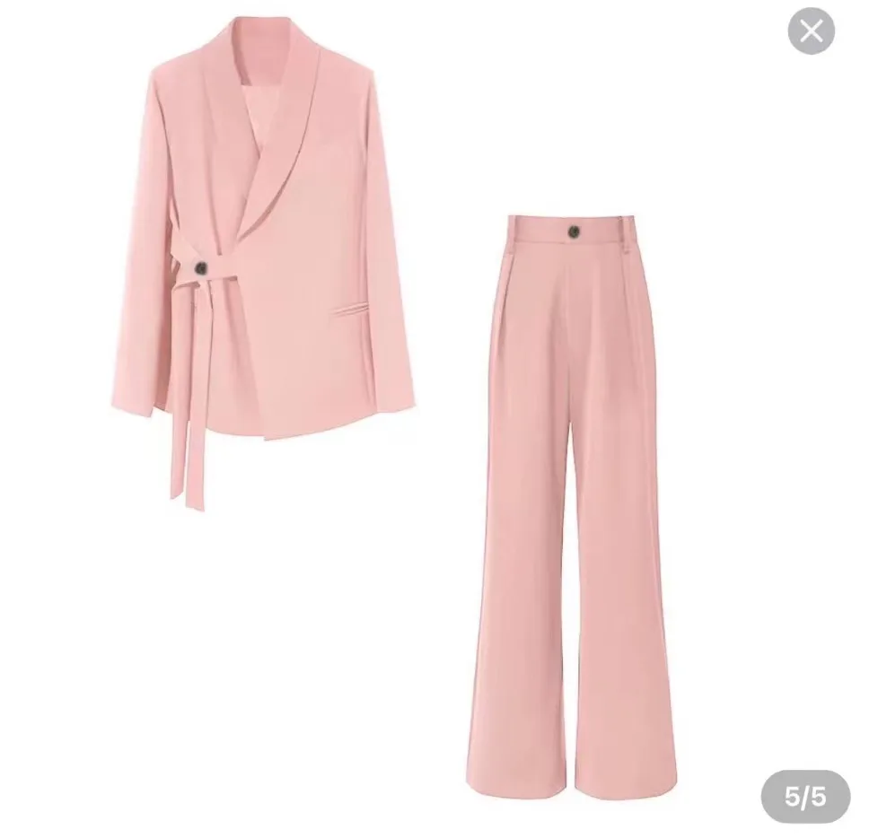 Women Suits Office Sets Pockets Coat Wide Leg Pants New 2023 Spring Autumn Office Wear Women Fashion Elegance Lady Blazer Sets