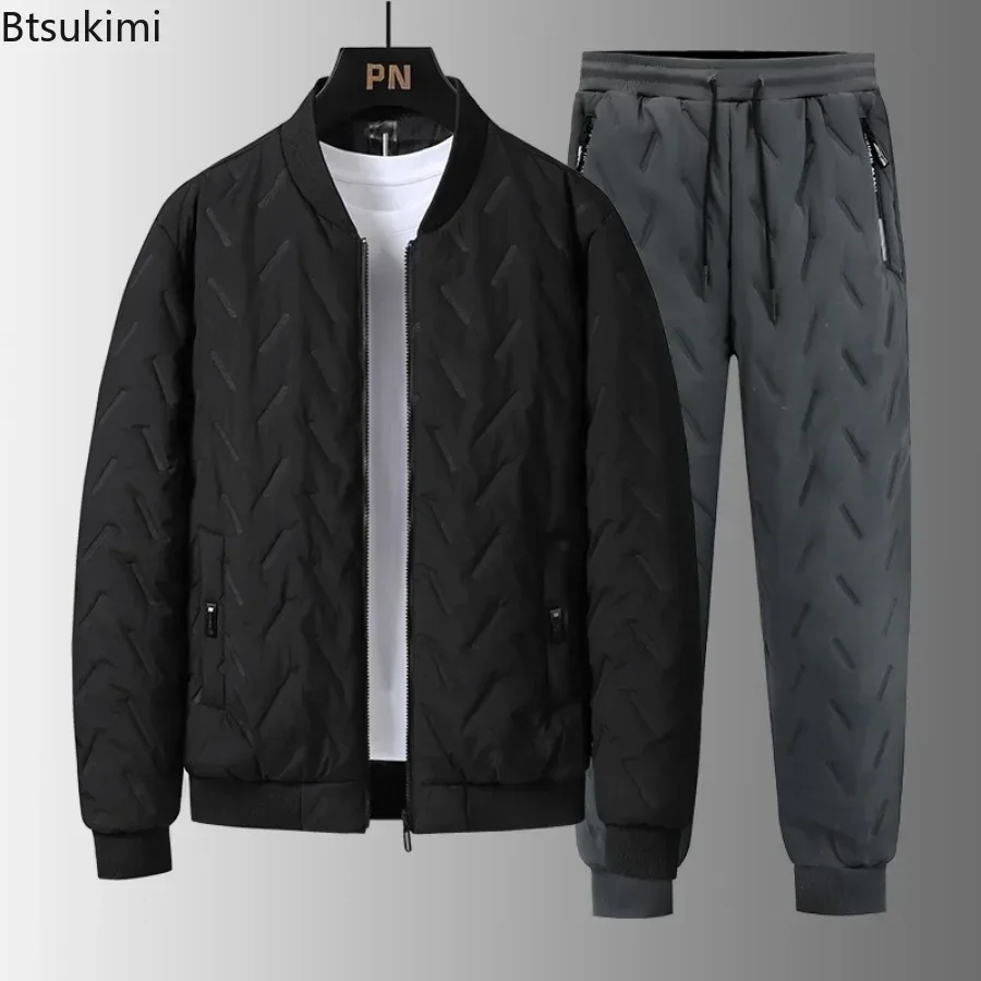 2025 Men's Puffer Cotton-padded Sets Korean Style Thicker Cotton Jacket +Lamb Fleece Pants 2 Piece Suits Men's Winter Warm Sets