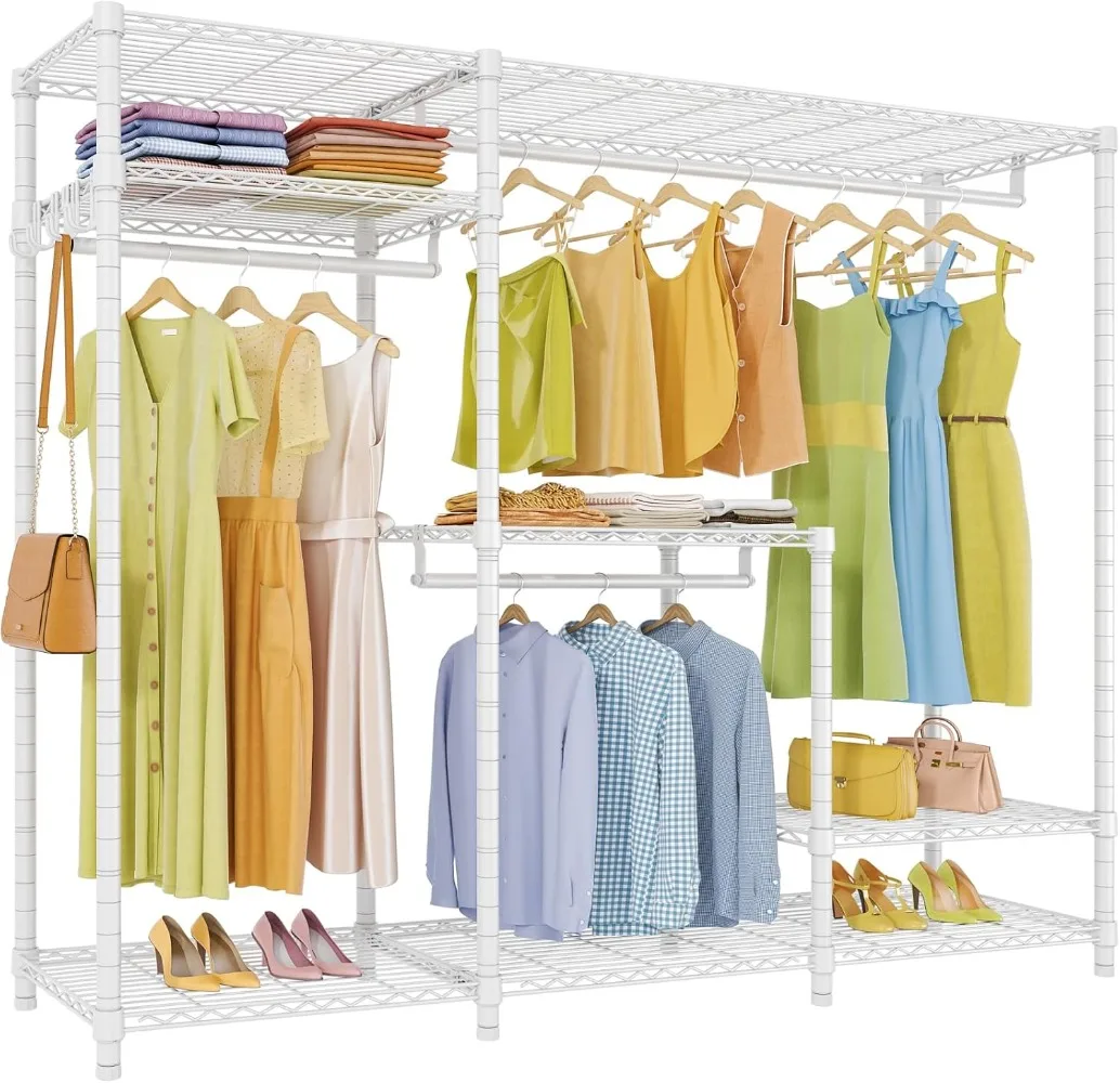 Clothes Rack, Heavy Duty Garment Rack with Adjustable Shelves & Hang Rods & Side Hooks