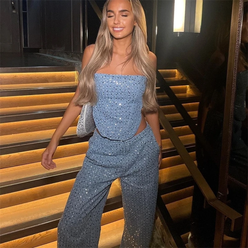 

Denim Sequin Bustier Crop Top And Wide Leg Pants Set Spring Summer Sexy Slim High Waisted For Women Party Club Night Out
