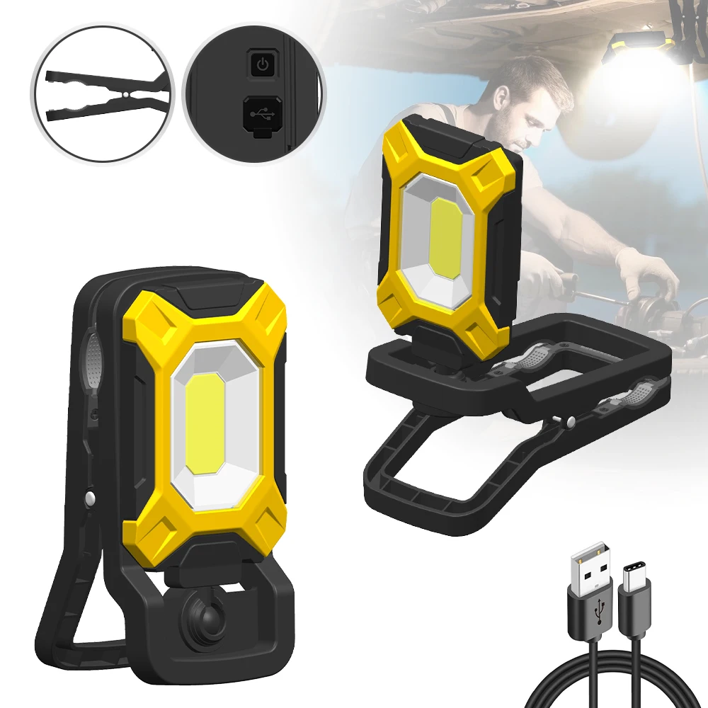 Rechargeable LED Work Light,Portable Clip-On Floodlight,360°& 115° Rotate Hands-Free for Camping, Outdoor, Car Repair, Emergency