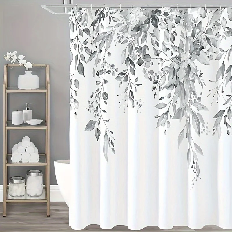 Watercolor Eucalyptus & Floral Shower Curtain Set With Hooks - Waterproof, Machine Washable, Artistic Bathroom Decor, Gray & Whi