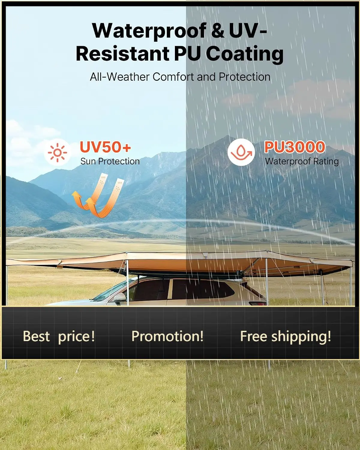 270 Degree Awning with Bulit-in LED Light 3 Colors, 117 sq.ft Driver Side Vehicle Awning, UV50+ Waterproof Car Side Awnings, All