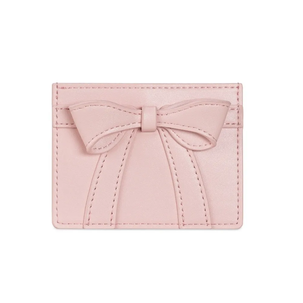 Sweet Bow Decoration Card Holder Ultra Thin PU Leather Mini Wallet Multi-card Slots Solid Color Coin Purse for Students
