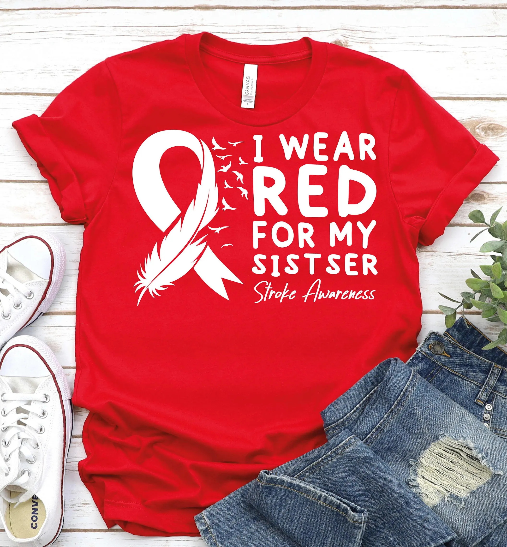 I Wear Red For My Sister Stroke Awareness T Shirt Support Ribbon Survivor Fighter