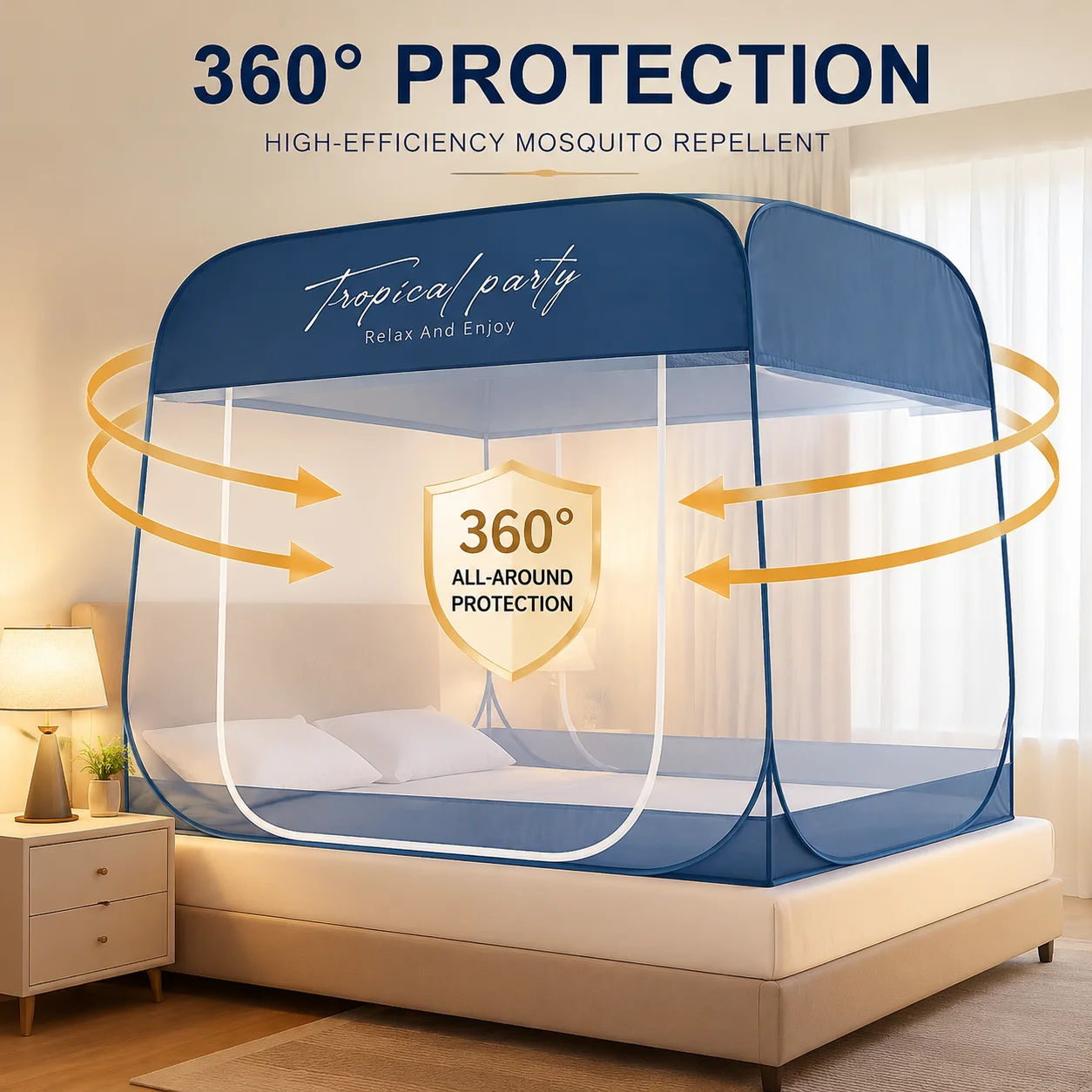 Pop Up Mosquito Net Tent 360° Protection High Density Mesh Dual Doors Mosquito Net for King Queen Full Size Bed with Cute Print