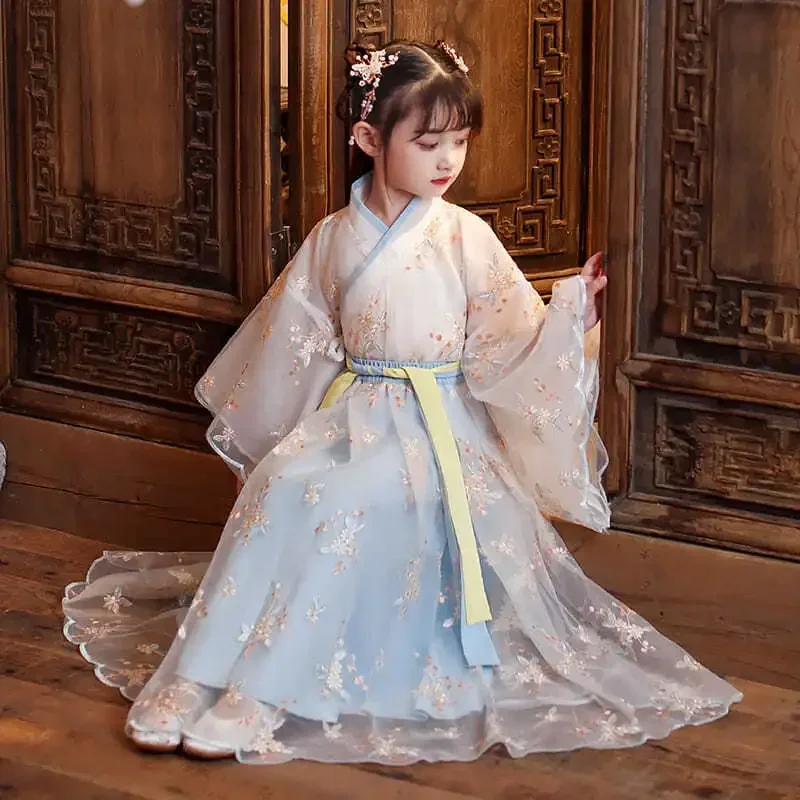 Chinese Silk Robe Costume Girls Children Kimono China Traditional Vintage Ethnic Antique Dress Dance Costume Cosplay Hanfu Set