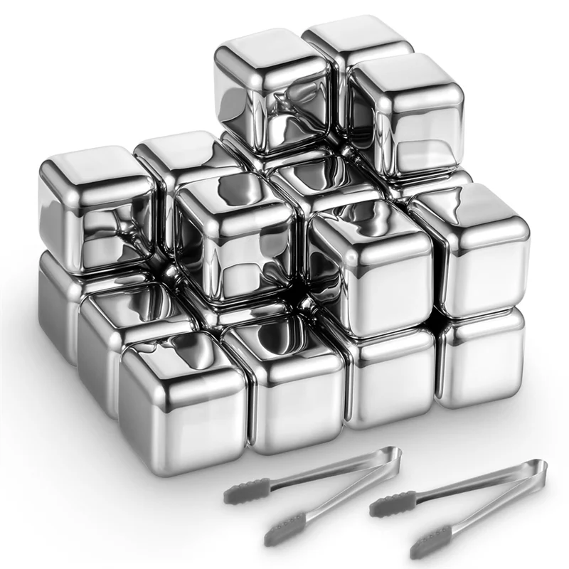 

A84E-Reusable Metal Whiskey Stones 24-Pack Stainless Steel Ice Cubes High Cooling Chilling Blocks Rock With Ice Tongs For Drinki
