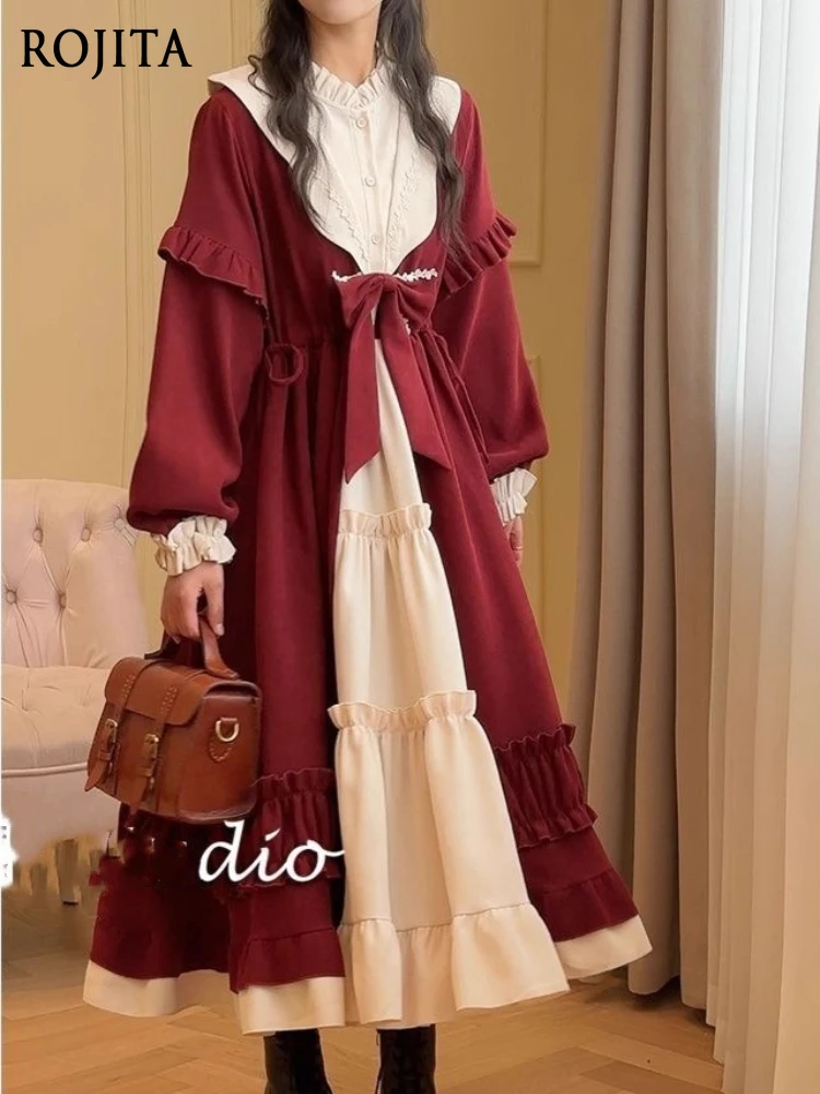 

Lolita Dress Waist Side Drawstring Pleated Bow Fungus Edge Stand-up Collar Dress for Women Spring Autumn Cute Girl Dress