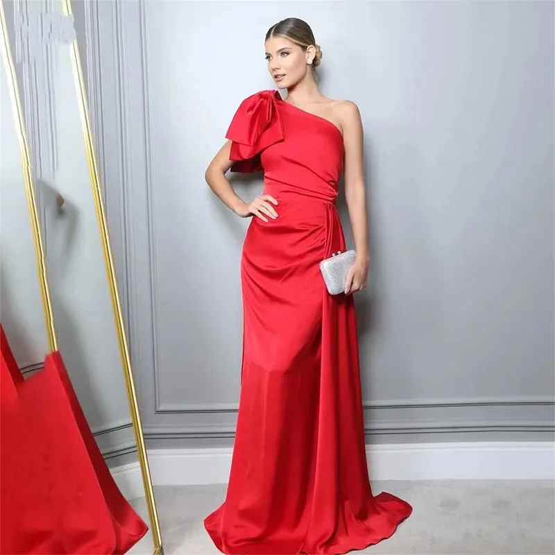 

2024 Red Simple Evening Prom Dress One Shoulder Pleat Big Bow Train Satin Formal Party Gowns Vestidos De Fiesta Robe De Soiree