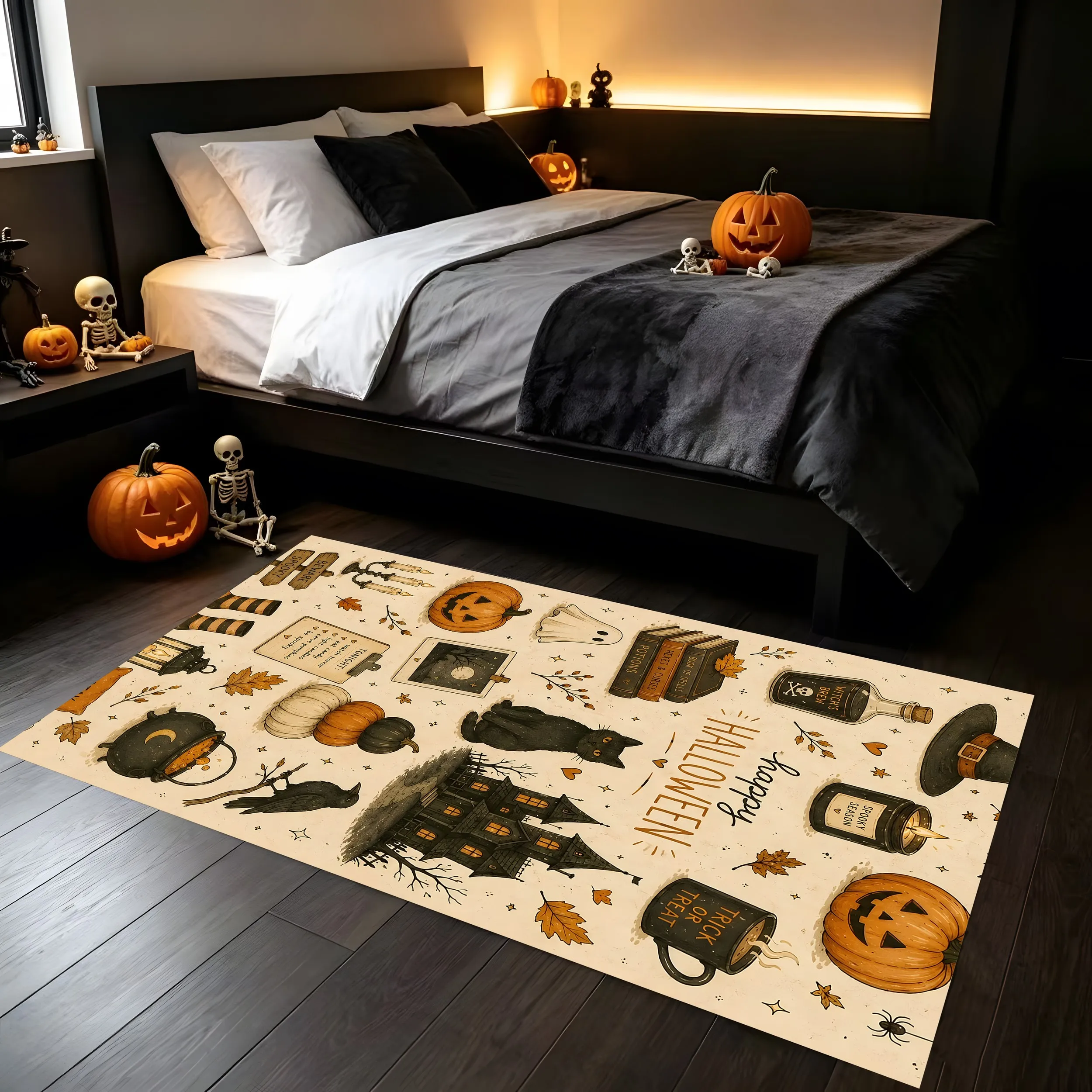 Vintage-Style 2D Carpet with Velvet Halloween Elements and a Happy Halloween Slogan, Perfect for Living Room and Bedroom.