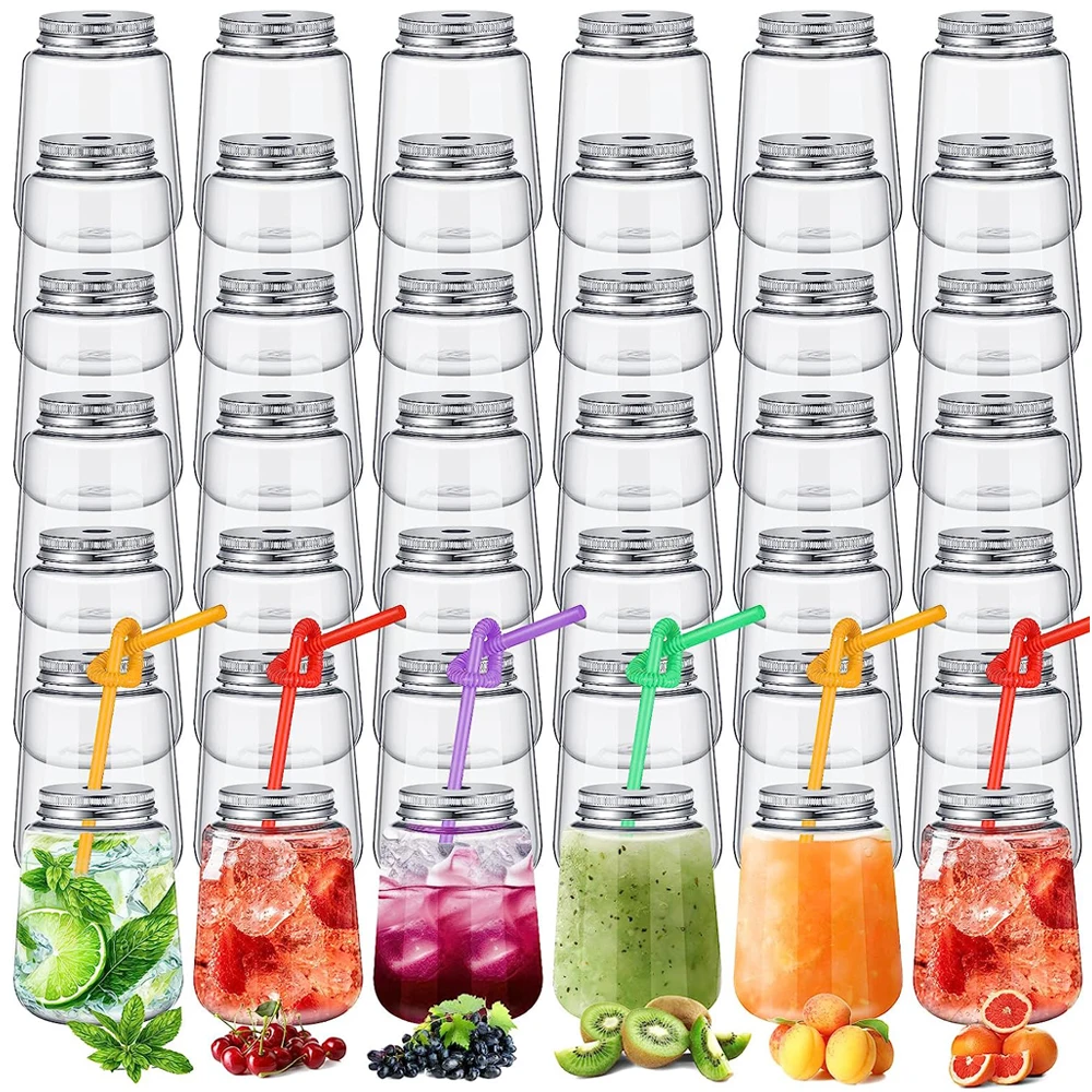 10Pcs Plastic Mason Jars with Lids and Straws Plastic Juice Bottles Drink Containers with Aluminum Caps Clear Beverage Container