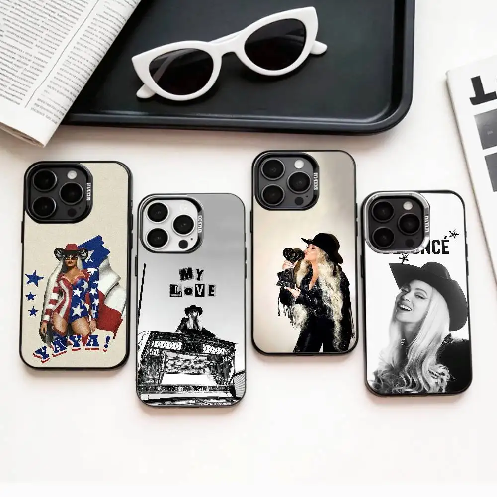 Funda para Teléfono B-Beyonce Cowboy para iPhone 17, 16, 15, 14, 13, 12, 11 Plus, Pro Max, Cubierta Interior Plateada de Color