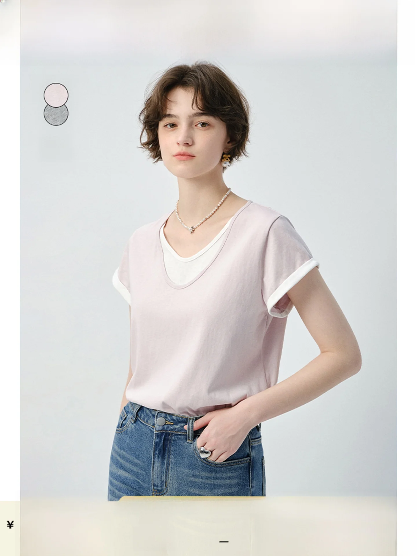 

Large Size Women's round Ne T-irt Fake Two-Piece ort Sve Layering Summer Commute Top High Waist Straight Cut Simple ...