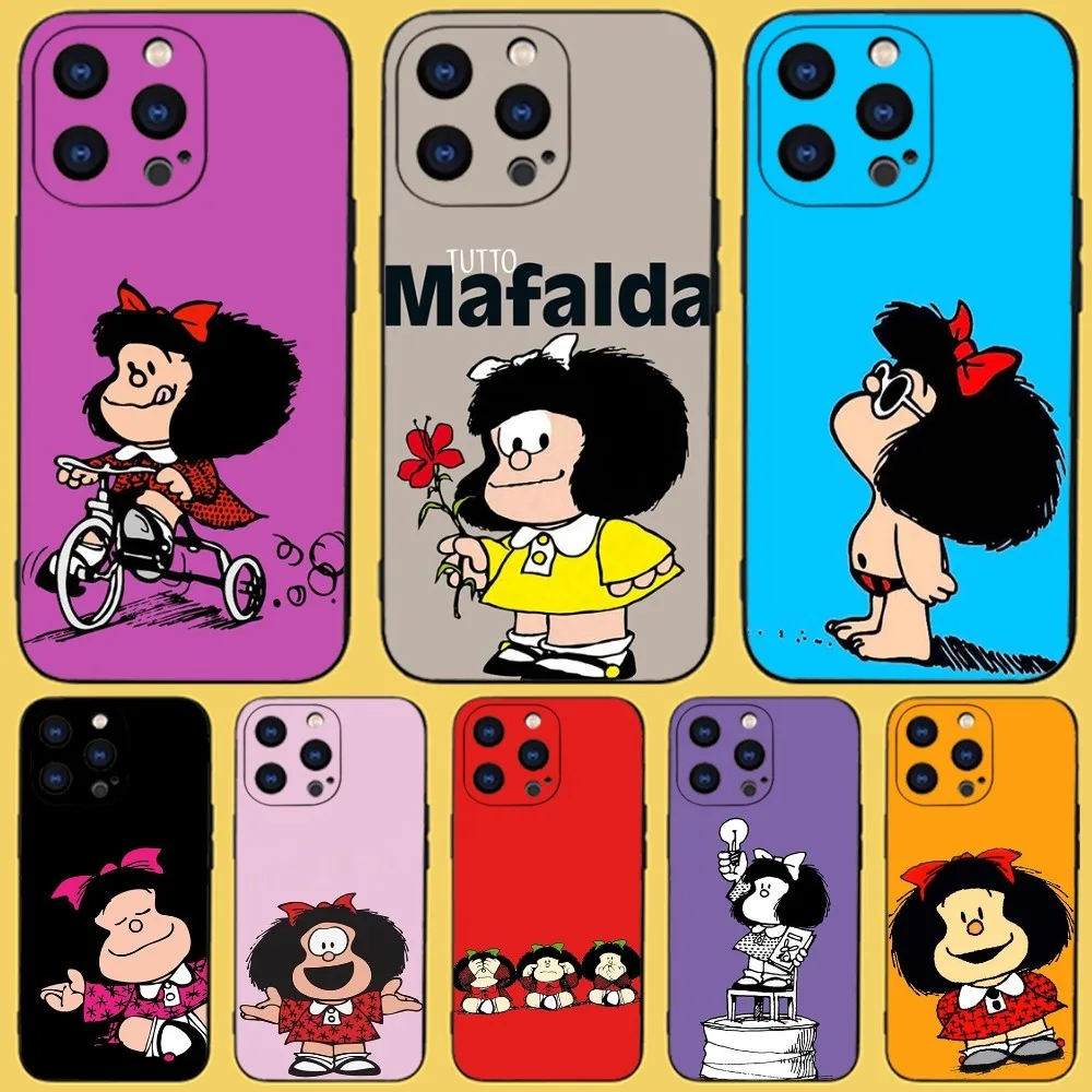 M-Mafalda Phone Case For iPhone 15,14,13,12,11 Plus,Pro,Max,XR,XS,X,7,8 Plus,SE,Mini Black Silicone Soft