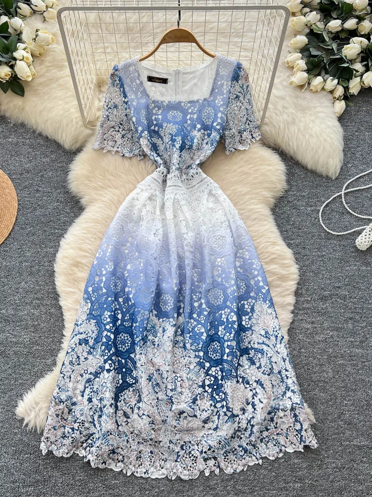 

Ele женская длинная юбка трапециевидной формы с высокой талией и кружевной вышивкой, новинка 2025, модная, с кружевной вышивкой и крючками