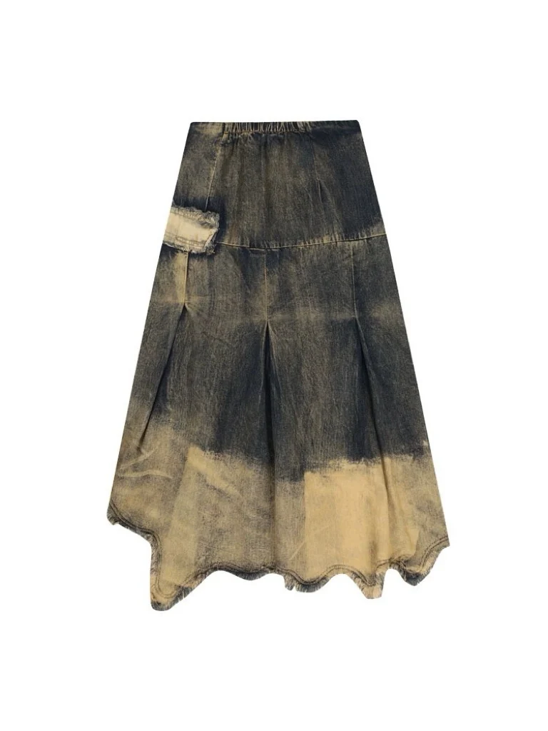 Women's Heavy-Duty Distressed Raw-Edge Denim Midi Skirt, American Retro Y2K Style, with a Sense of Design