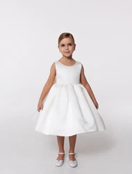 White satin flower girl dress big bow, toddler wedding dress, junior bridesmaid girl dress for wedding party