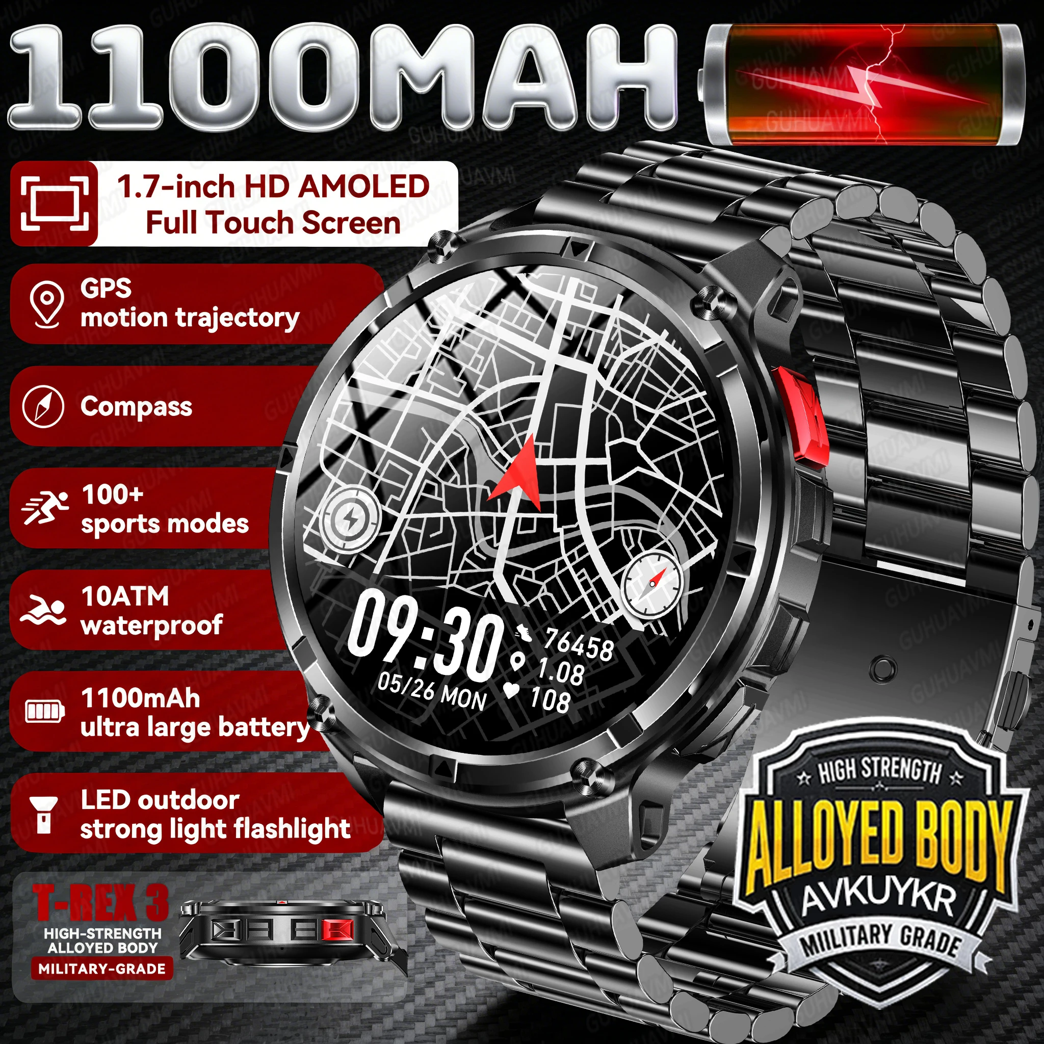 GUHUAVMI 2026 Nouvelle montre connectée GPS d'extérieur pour hommes, écran tactile AMOLED HD de 1,43 pouce, cartes hors ligne, musique locale, résistance à l'eau 3ATM, batterie longue durée 730 mAh, boussole, baromètre, altimètre, fréquence cardiaque SpO2, plus de 170 modes sportifs, lampe de poche, bracelets interchangeables, BLE 5.3