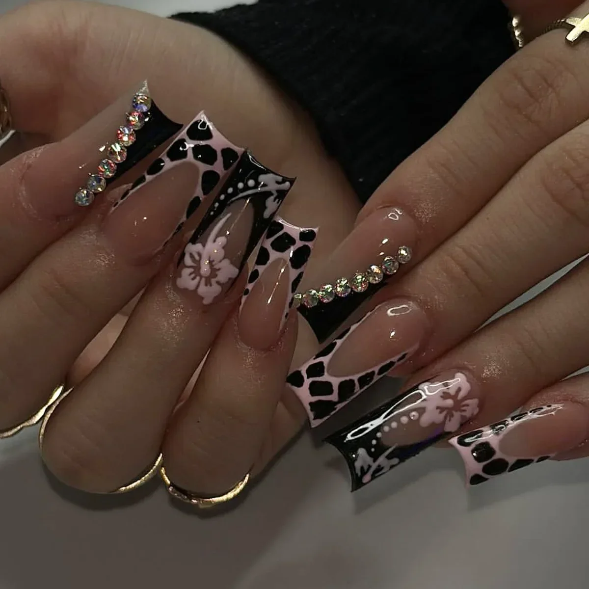 24Pcs French Leopard Print Flower False Nail Tips Long Square Fake Nails with Rhinestone Design Coffin Full Cover Press on Nails