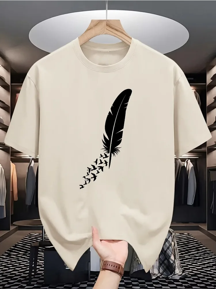 Camiseta Masculina de Verão 100% Algodão com Estampa de Pena, Moda Casual Solta, Gola Redonda, Manga Curta