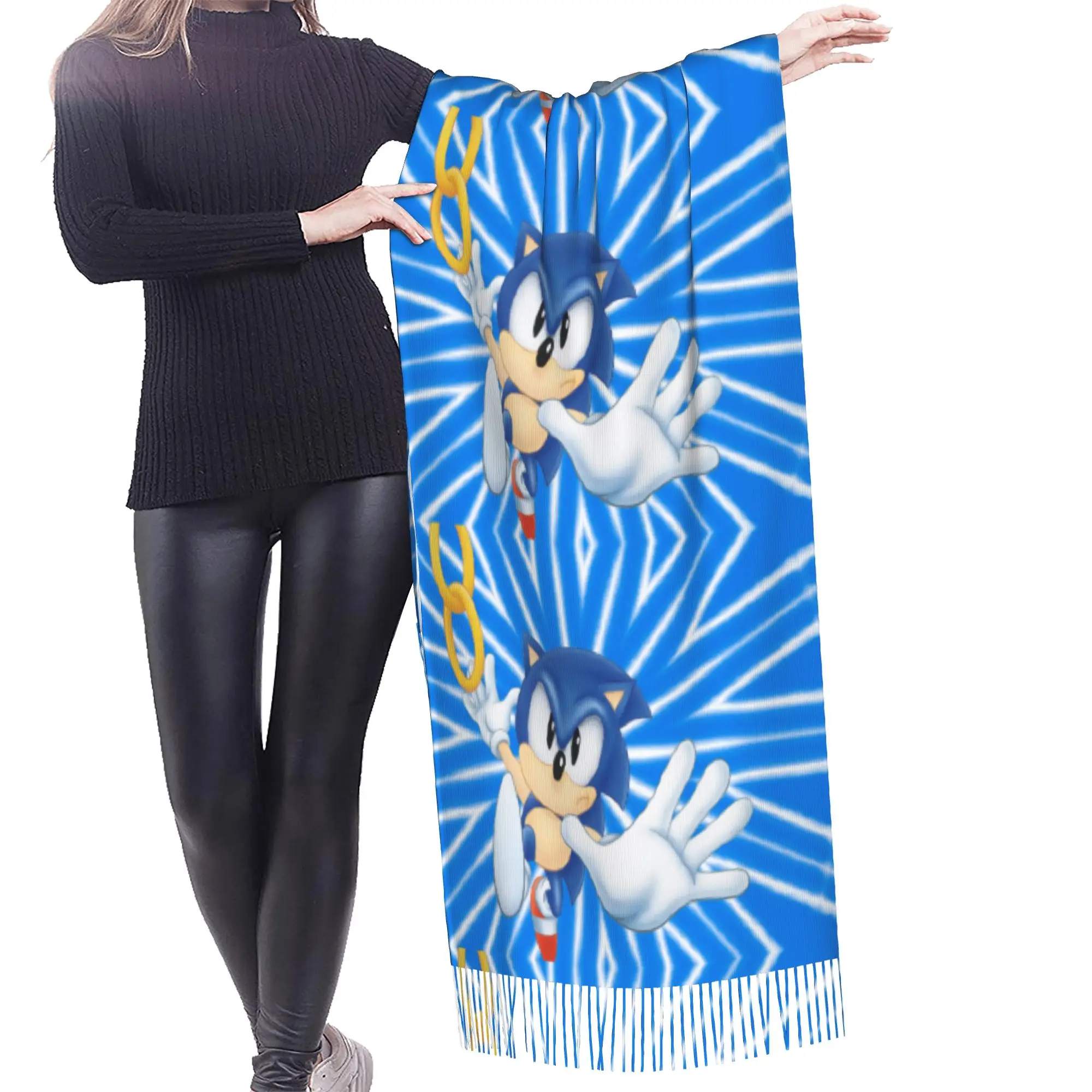 Custom Female Long S-Soniced Cartoon Scarves Women Winter Fall Soft Warm Tassel Shawl Wrap Video Game Scarf