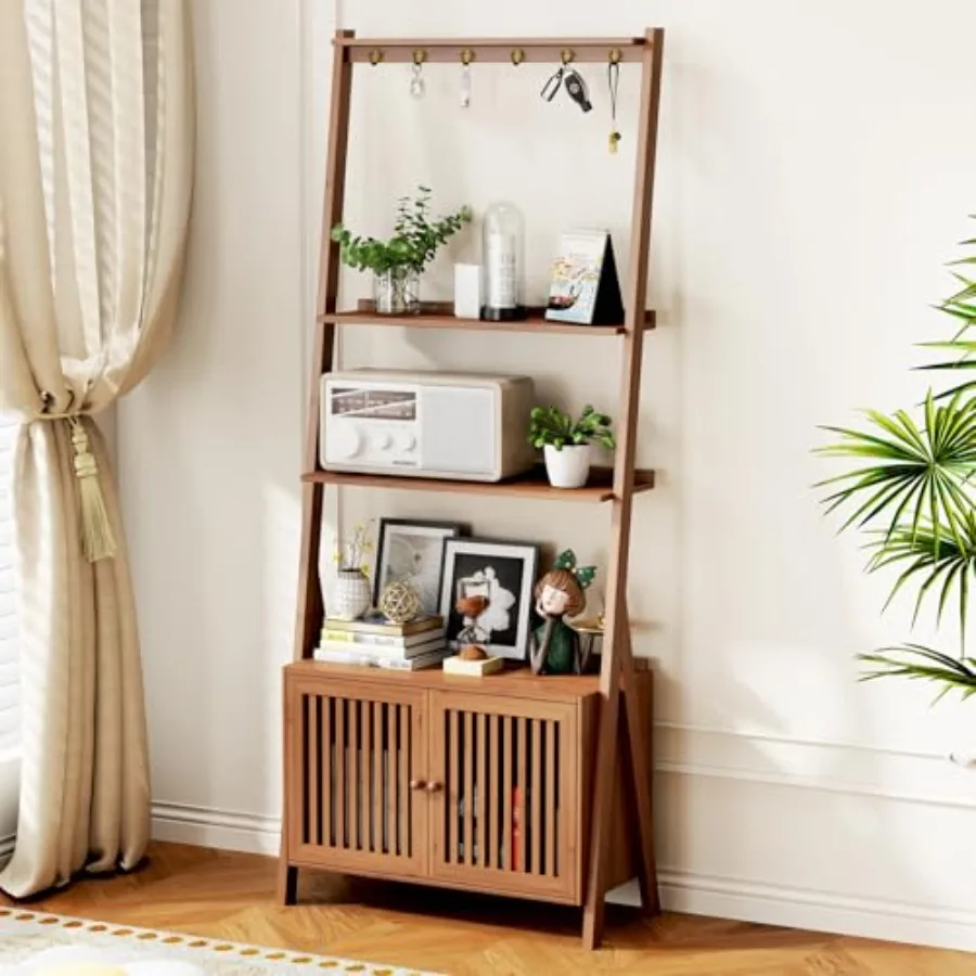 

Bookcase with Drawers 4-Tier Bamboo Bookshelf Ladder Shelf with 6 Hooks Tall Narrow Retro Book Shelf 24.8"L x 10.6"W x 59.5"H S