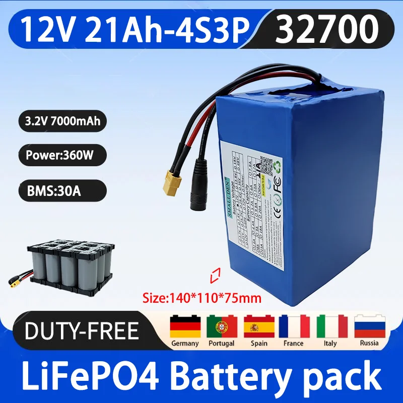 

12.8V 21Ah 32700 Lifepo4 battery pack 4S3P with 4S 40A maximum 100A balanced BMS 14.6V electric boat scooter 12V UPS toy car