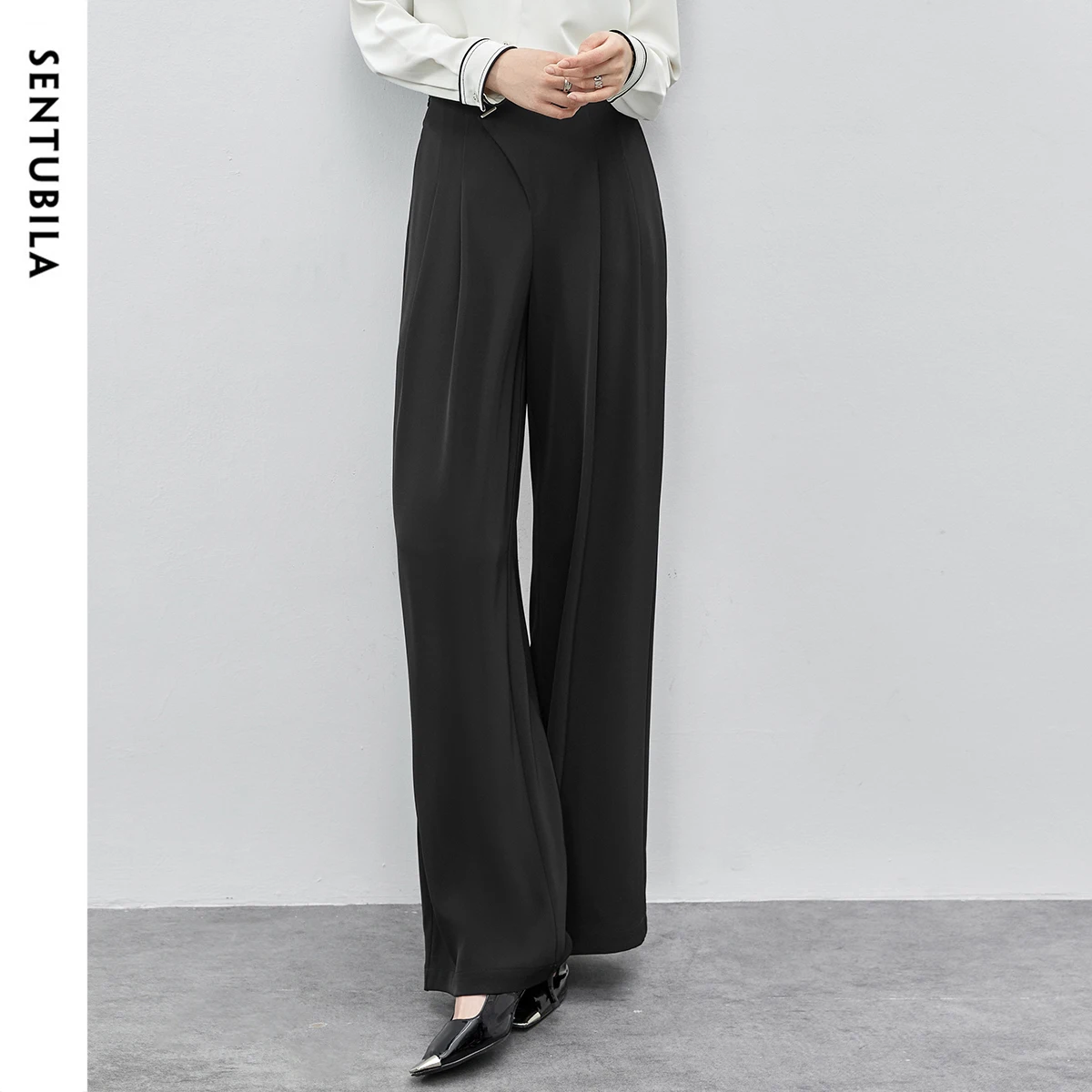 SENTUBILA Straight Full Length Pant For Women 2025 Autumn High Waist Loose Metal Button Solid Folds Long Women Trouers 143K55798