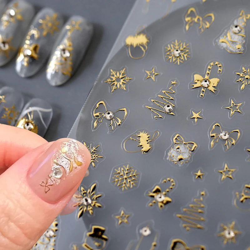 5D goud glitter kerst nail art sticker sneeuwvlok ster strik boom cadeau winter xmas nieuwjaar stickers manicure nagel slider tip