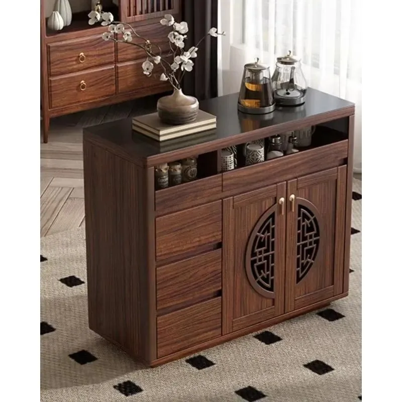 Adjustable Height Solid Wood Tea Bar Cabinet with Smart Kettle Tempered Glass Countertop and LED Sensor Light Eco Friendly