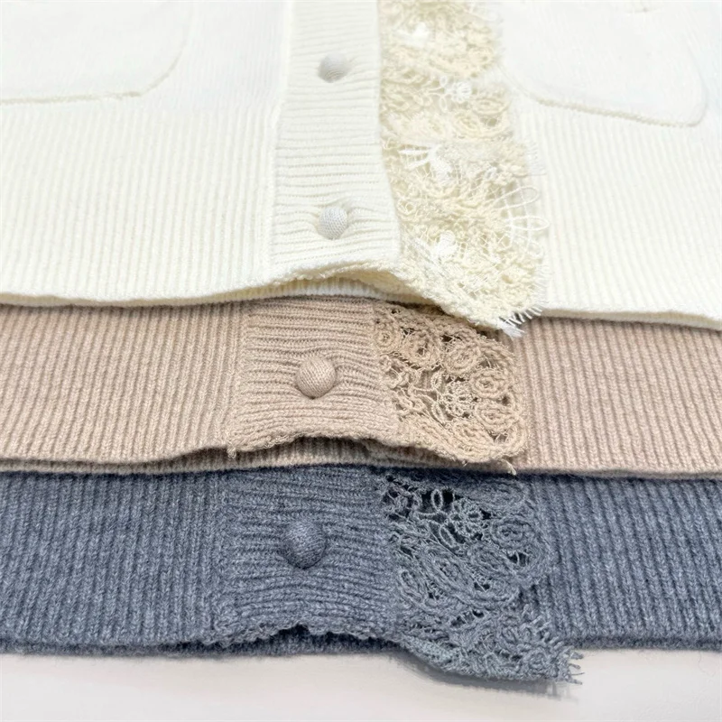 여성용 가디건 2025 겨울 신상 싱글 브레스티드 슬림핏 긴팔 탑 울 혼방 여성 스웨터 레이스 패치워크 니트웨어