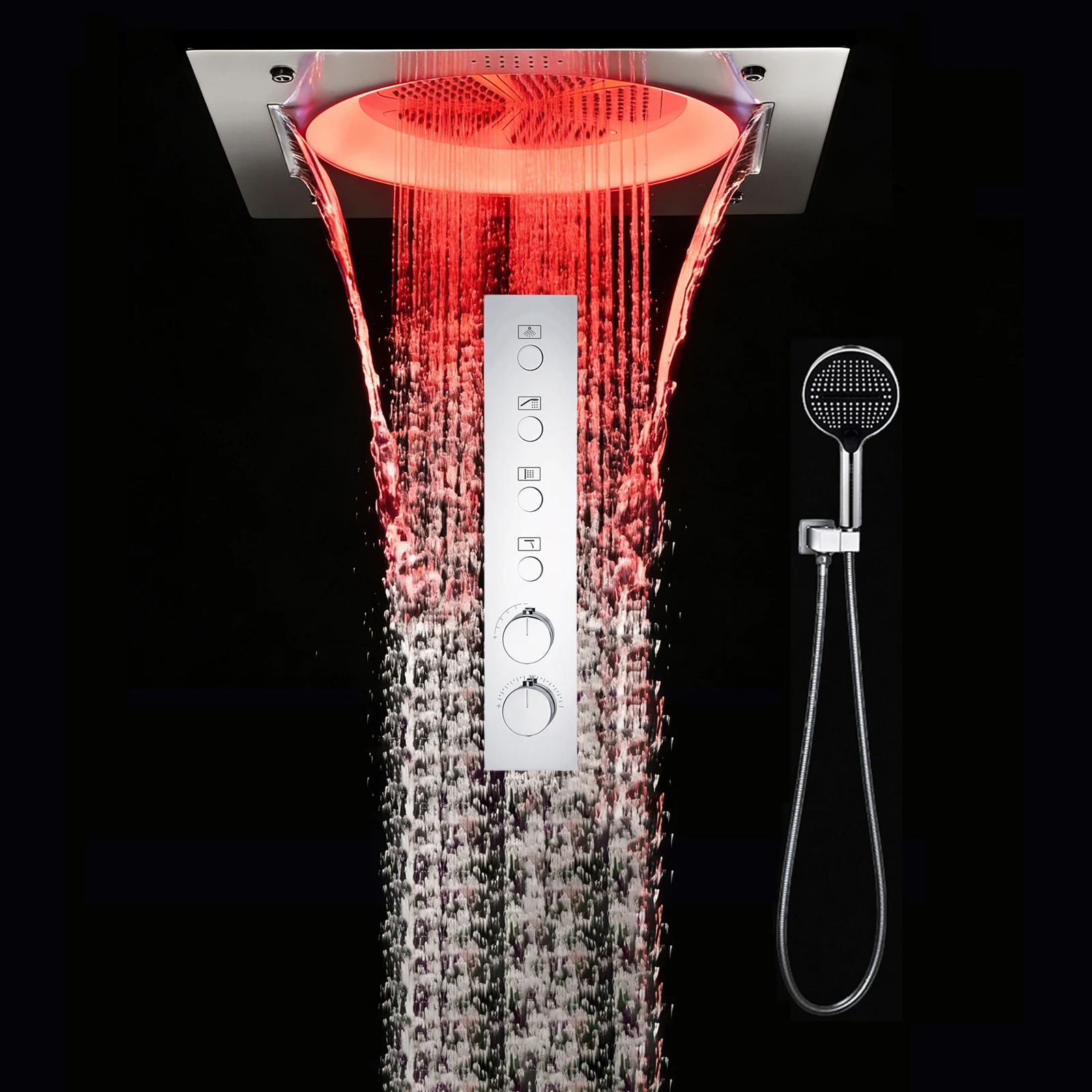 Qlonn Chrome Bathroom System Smart Shower Set 550×550mm LED lighting Music Embedded Ceiling Shower Head Thermostatic Diverter