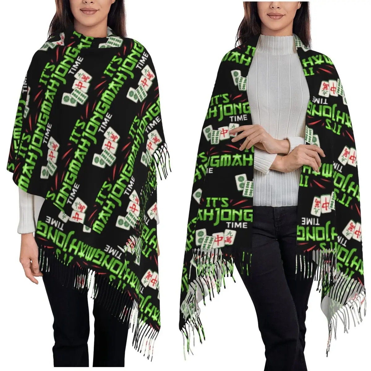 جونغ لعبة ماه جونغ لاعب على الانترنت البلاط وشاح شرابة الأوشحة للنساء شالات دافئة ويلتف كبير الخريف الشتاء شال التفاف #1